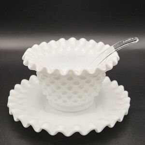 Vintage Fenton Milk Glass Hobnail Mayonnaise Bowl Plate & Spoon Condiments Mayo